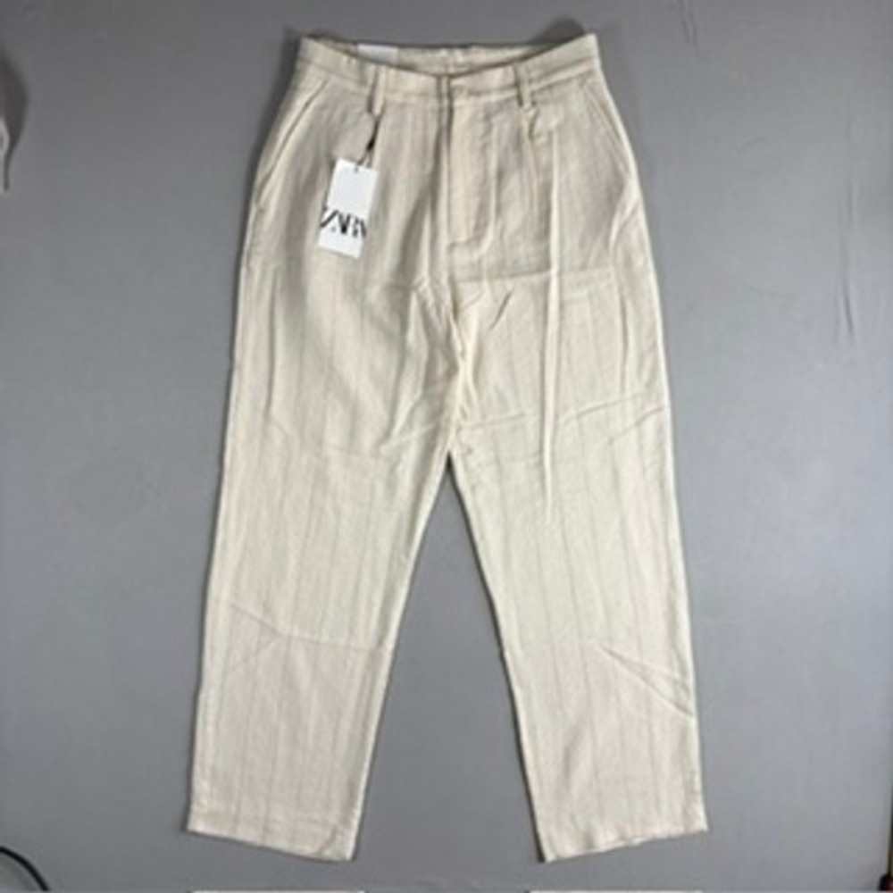 Zara Women's Cream Pinstripe Cotton Blend Straight Leg Trousers Size S NWT